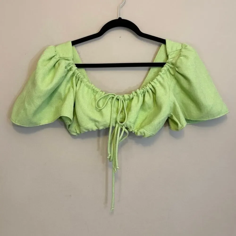 Ciao Lucia Crop Top Wrap Skirt Set S Green Puff Sleeve Summer Resort Coquette